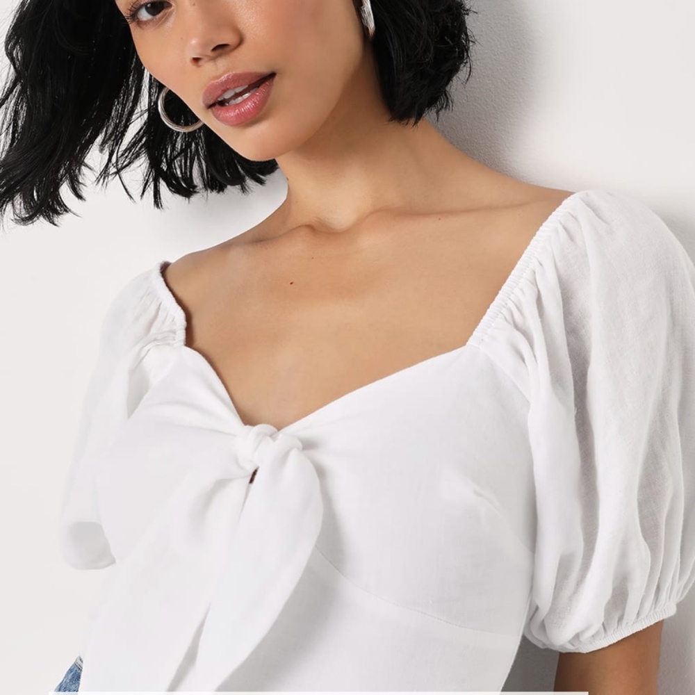 White Linen Tie-Front Puff Sleeve Crop Top